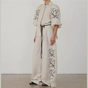 Women Two-Piece Outfit Blouse Wide-Leg Pant Beige Sz S Linen Cotton Loose Fit